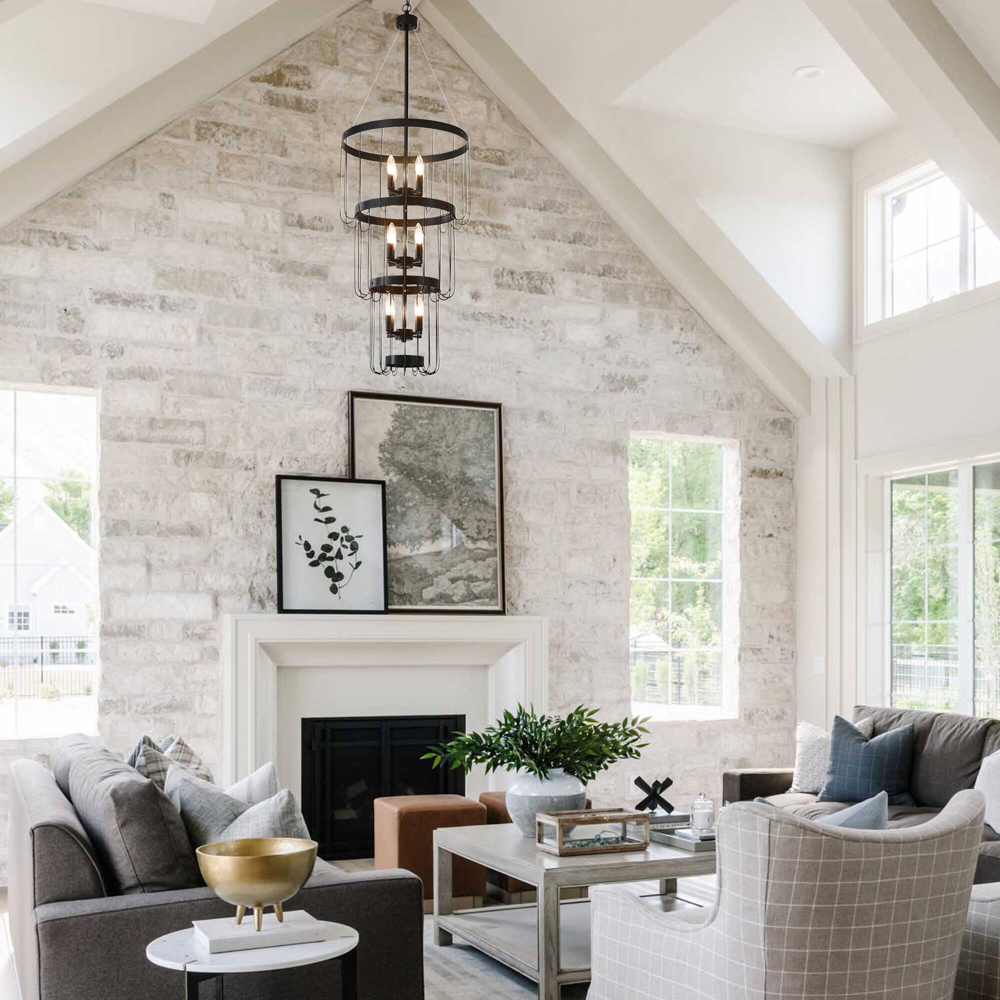 Angle. RYHNUYNE - 18" Black Farmhouse Chandelier,12 Light Lantern Tiered Pendant Light Fixtures for Entryway,Large Chandeliers.