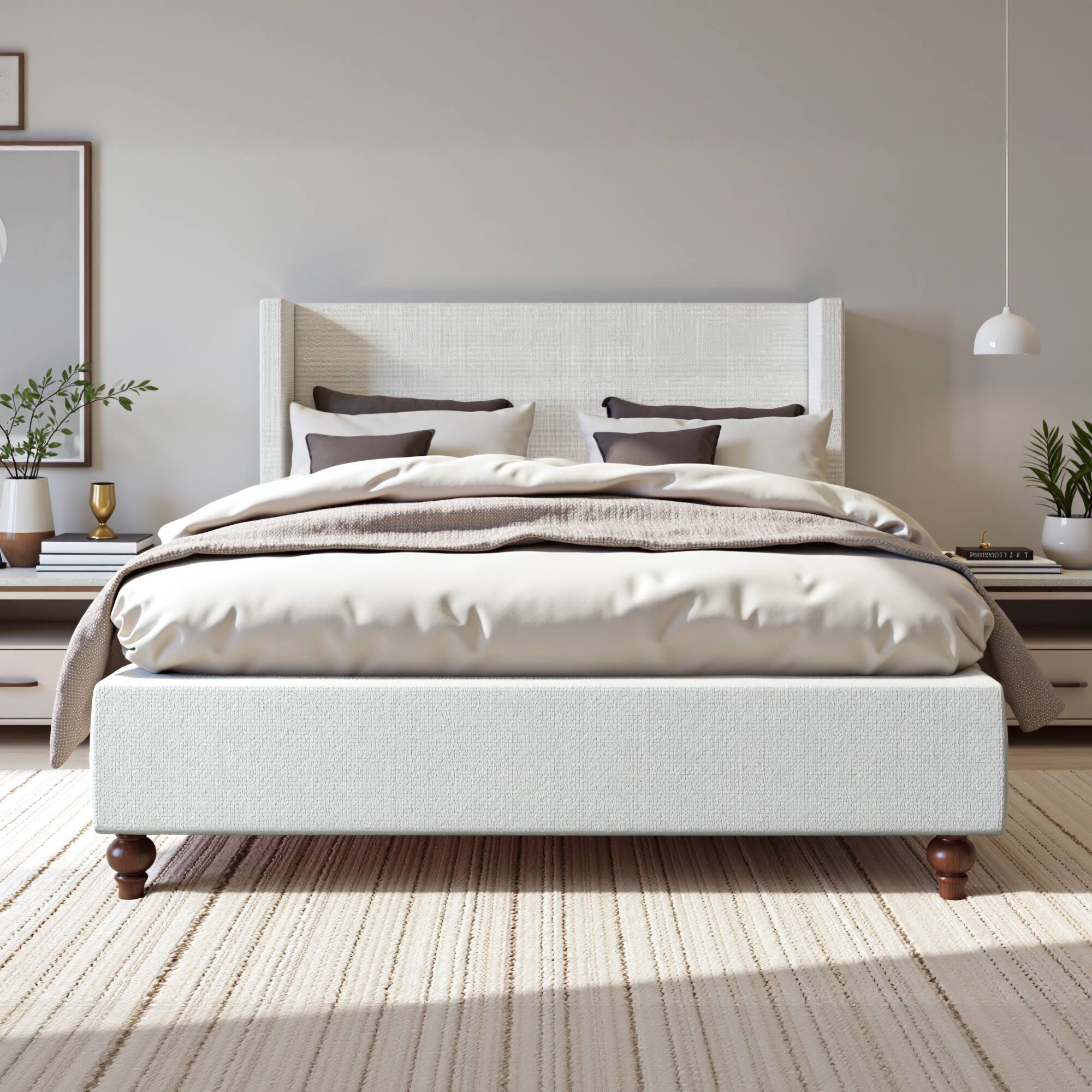 Alt View 6. KERDOM - Platform Bed Frame With Chenille High Headboard & Strong Legs, Tall Wingback, Noise-Free, 800lbs Capacity, Widen Side - White.