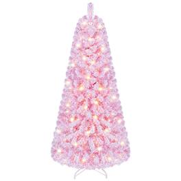 WELLFOR - 5 ft Prelit Flocked Fir Artificial Christmas Tree with Warm White Lights,432 Full Branch Tips - Pink