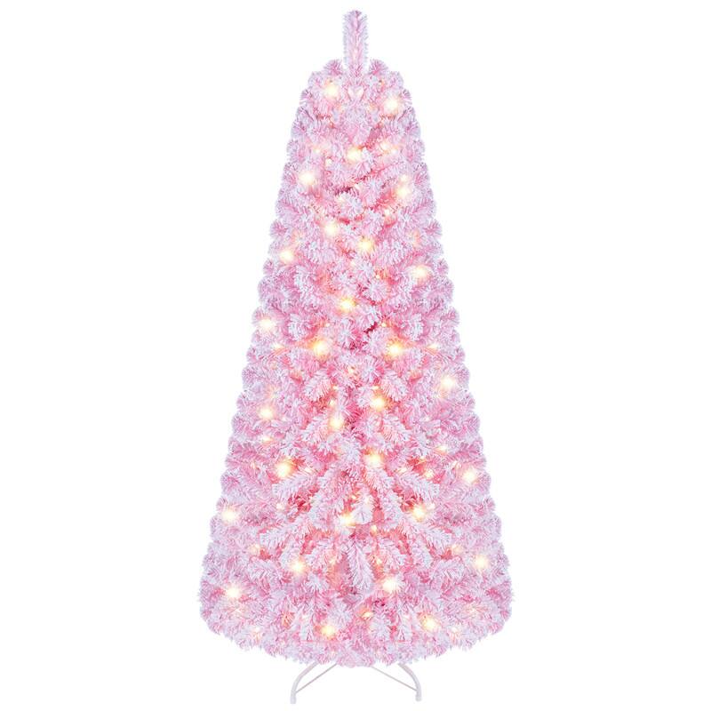Front. WELLFOR - 5 ft Prelit Pink Flocked Fir Artificial Christmas Tree with Warm White Lights,432 Full Branch Tips - Pink.