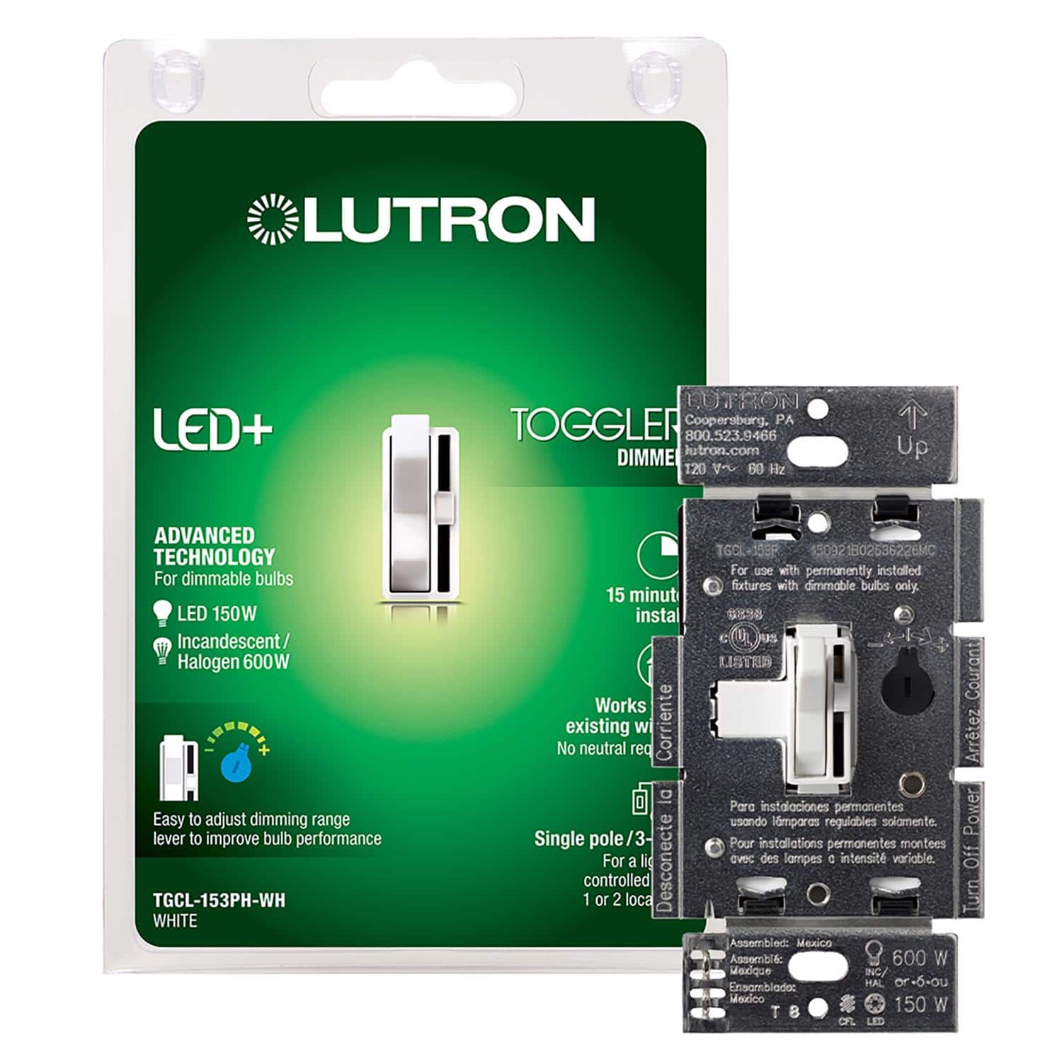 Lutron - Toggler 150 W 3-Way Dimmer Switch 1 pk - White