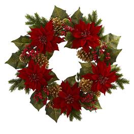 BreeBe - 24" Poinsettia Berry and Golden Pine Cone Artificial Wreath - Green