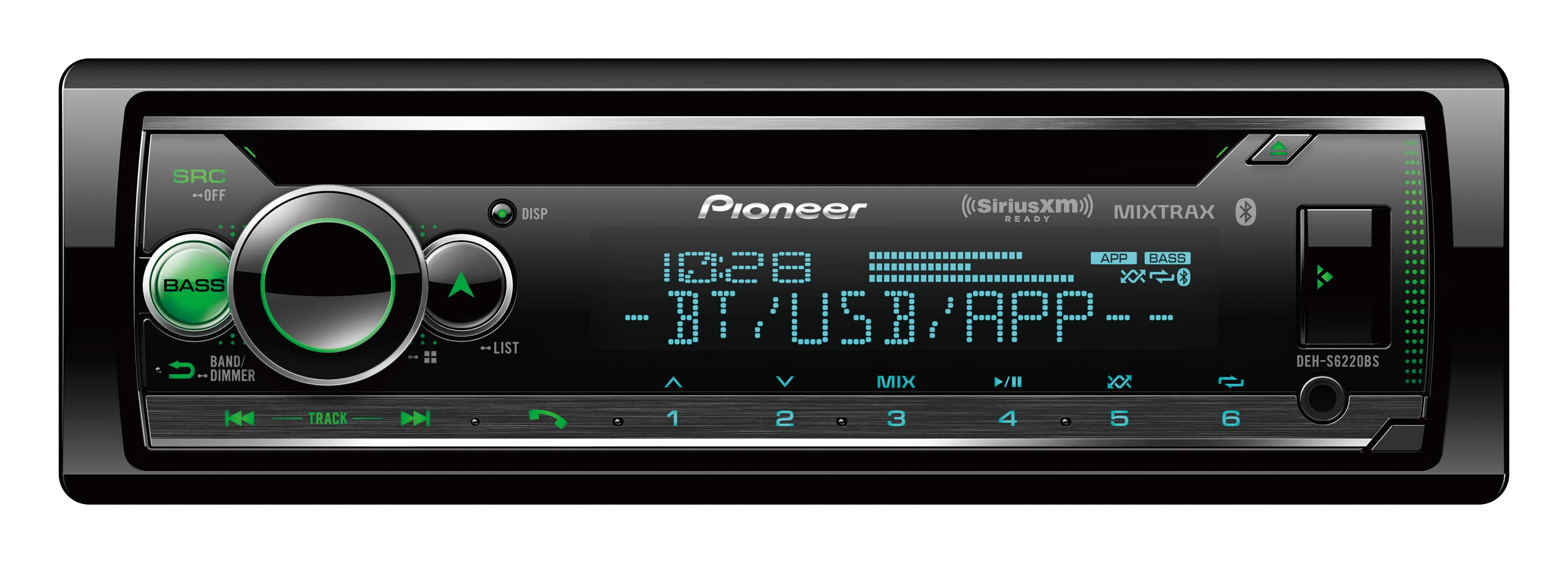 SRC - OFF DISP Pioneer (SiriusXM) MIXTRAX READY BASS BAND DIMMER APP BASS 10:20

BT/USB/APP - LIST

DEH-S6220BS

TRACK DN 1 2 3 4 5 6