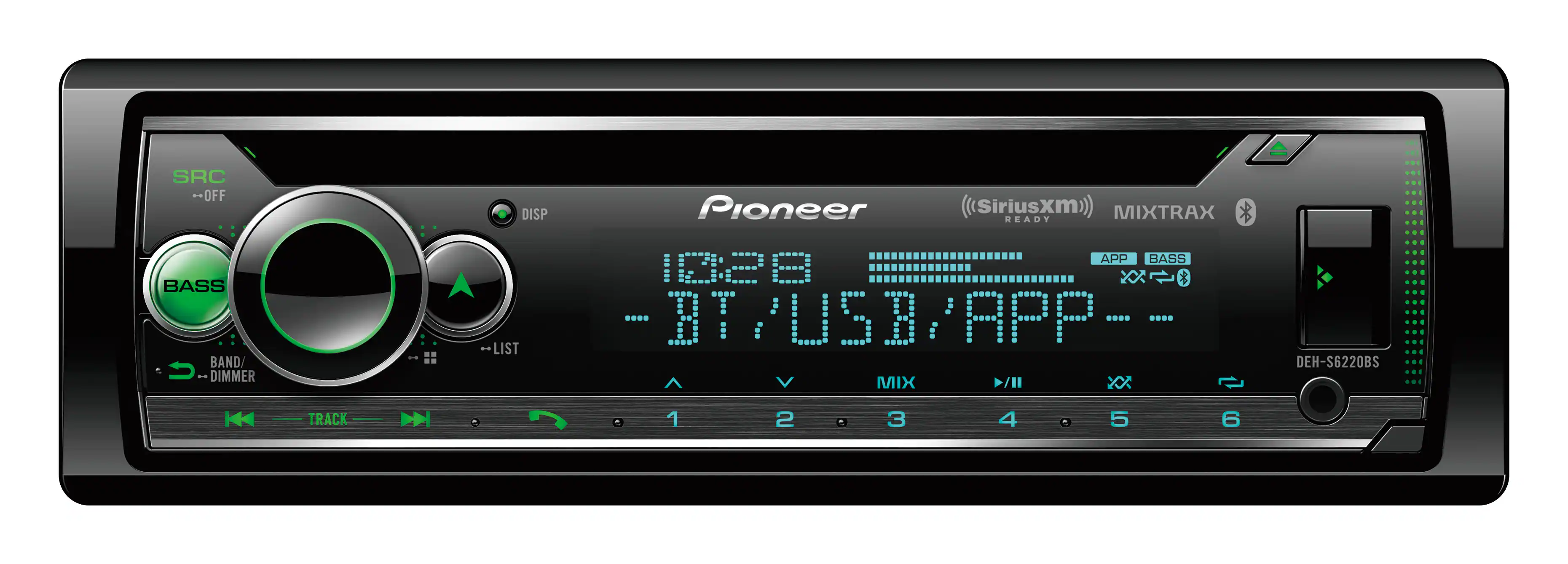 SRC - OFF DISP Pioneer (SiriusXM) MIXTRAX READY BASS BAND DIMMER APP BASS 10:20

BT/USB/APP - LIST

DEH-S6220BS

TRACK DN 1 2 3 4 5 6
