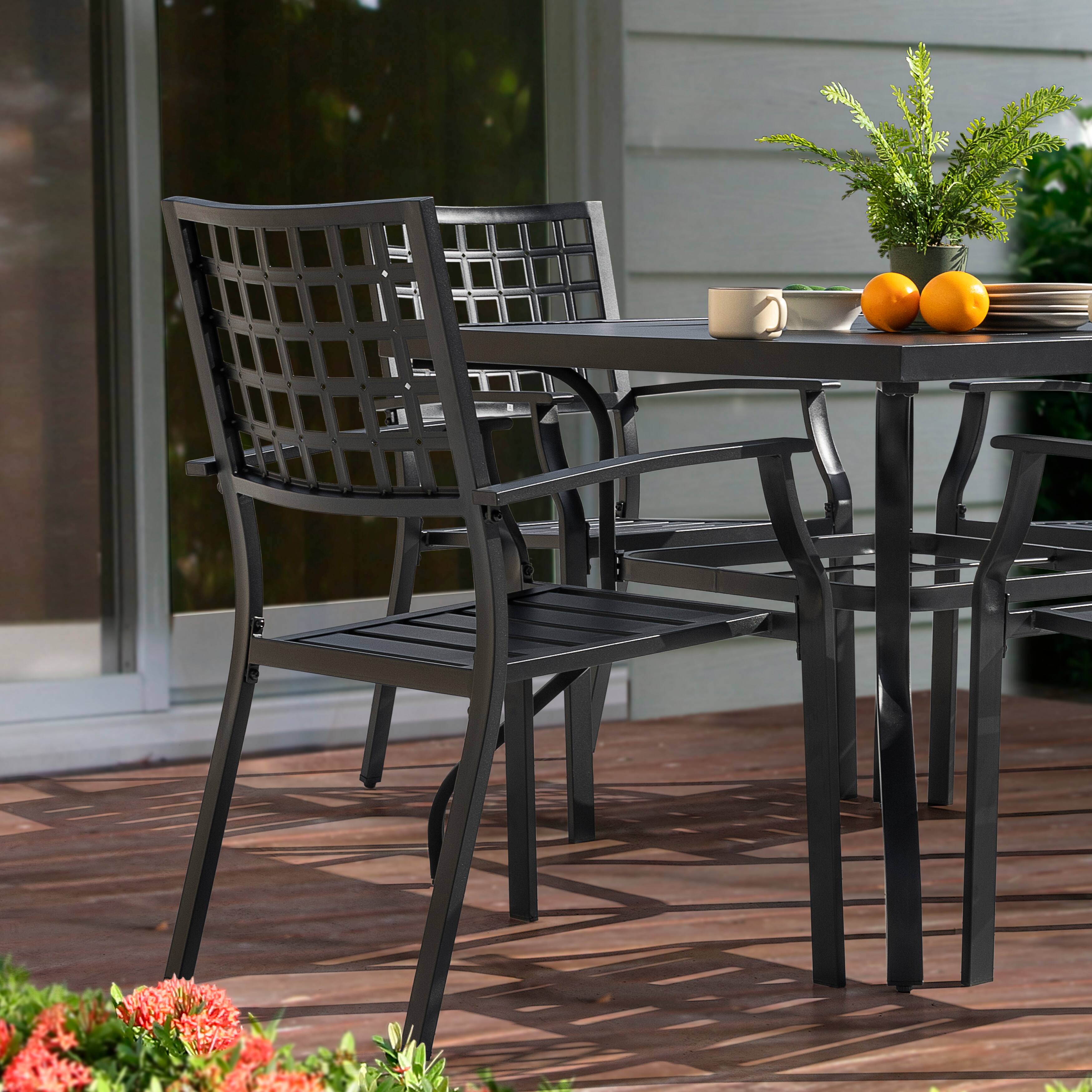 Angle. Nuu Garden - Outdoor 5-Piece Iron Dining Set, 4 Chairs and 37 Inch Square Dining Table with 1.57'' Umbrella Hole - Black.