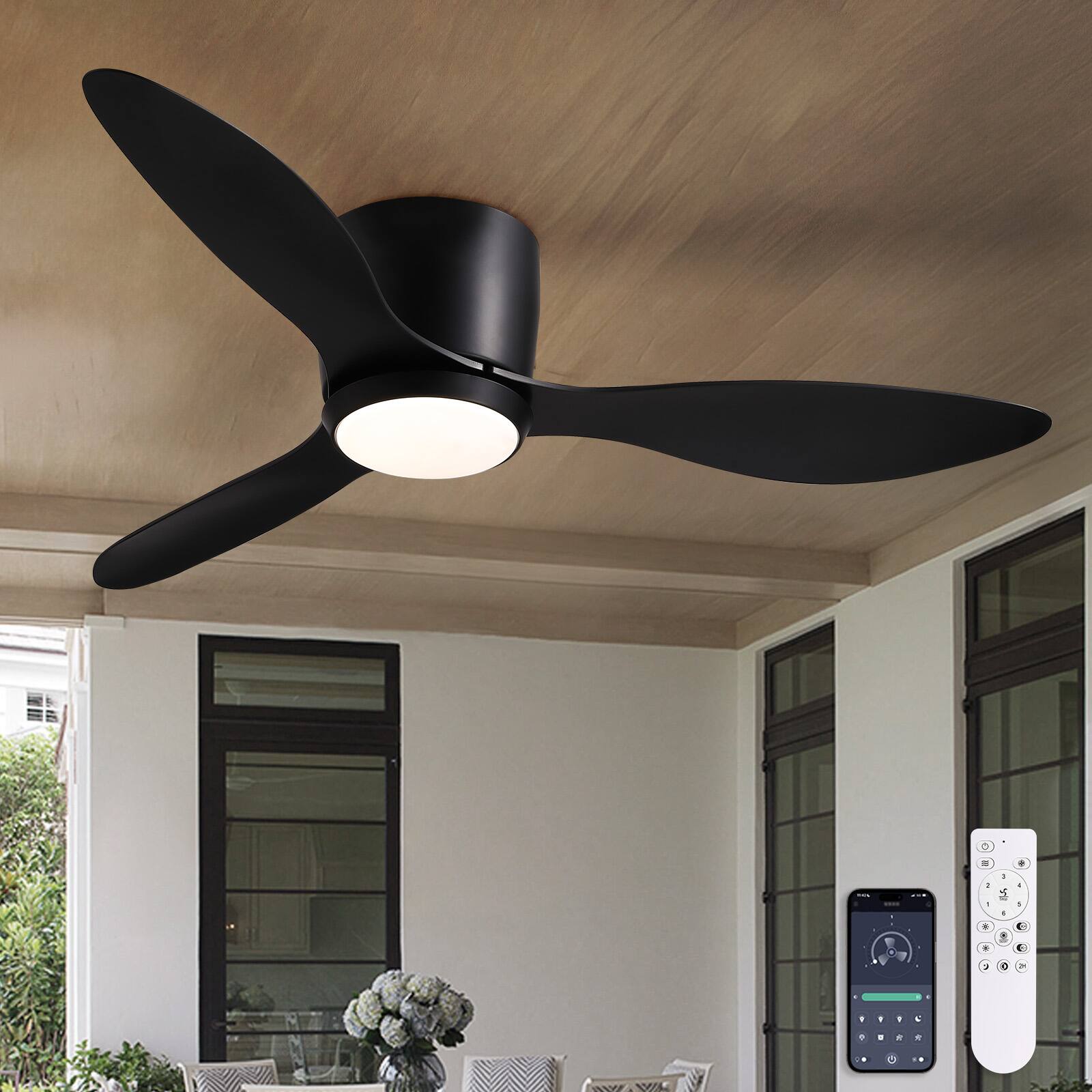 Angle. Siljoy - 42-in Modern Black Flush Mount Ceiling Fan with LED Light and Remote For Bedroom Living Room and Covered Patio.