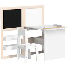 Qaba - in 1 Kids Table and Chair Set with Storage, Whiteboard - White
