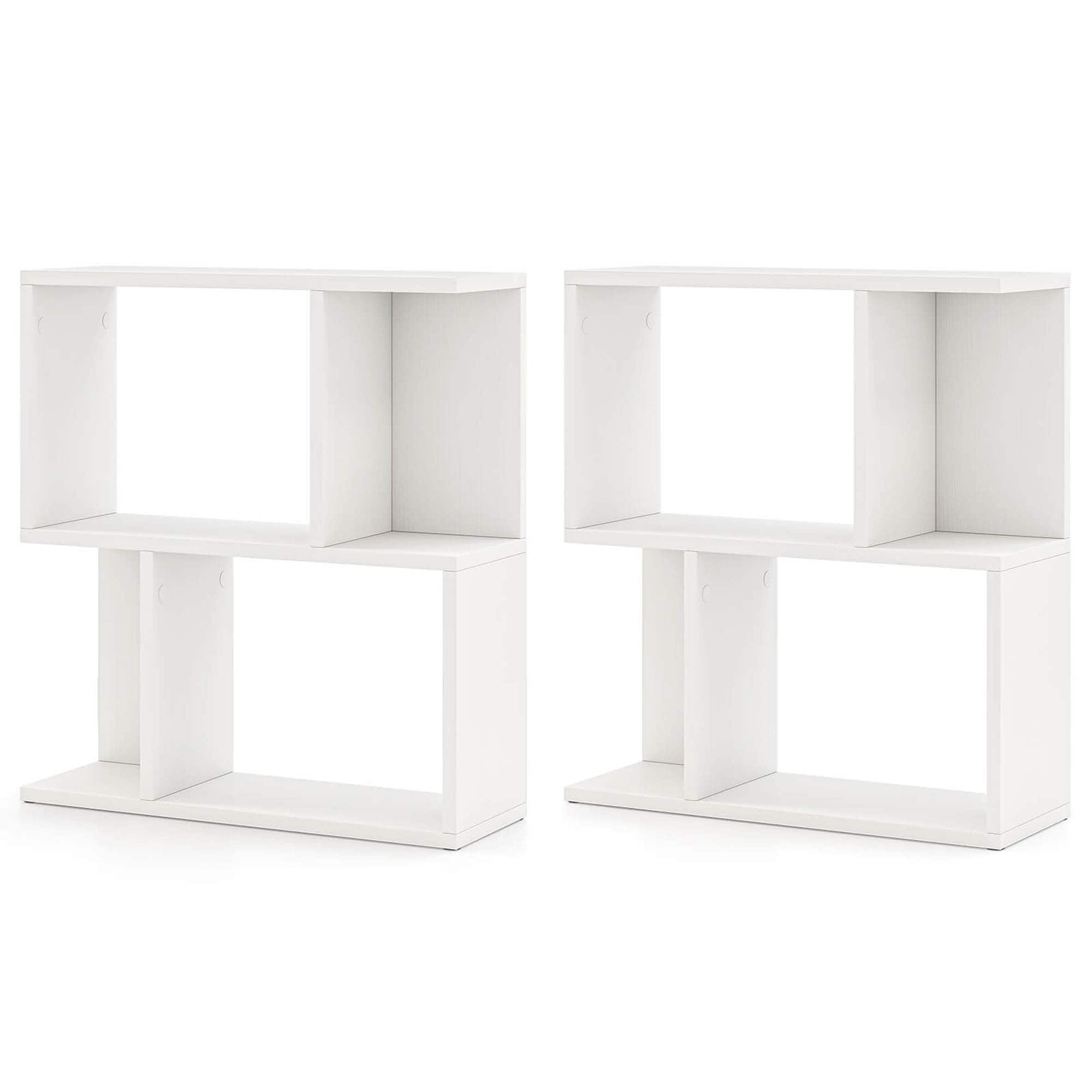 Front. Costway - 2 PCS 3-Tier Bookshelf Geometric Bookcase Side Table with Open Storage Display Shelf - White.
