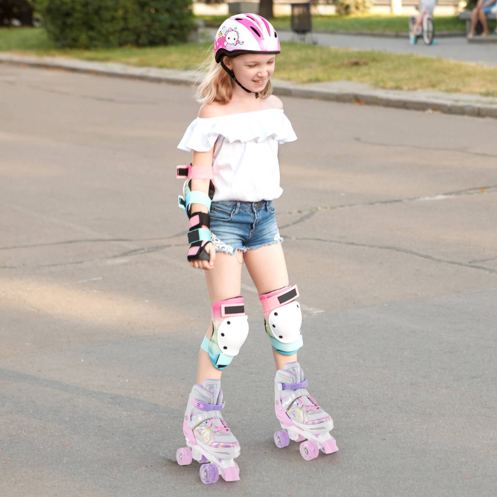 Alt View 3. Costway - Costway 4 Sizes Adjustable Quad Skates with Light-up Wheels Safety Protection for Ages 13+ - Pink.