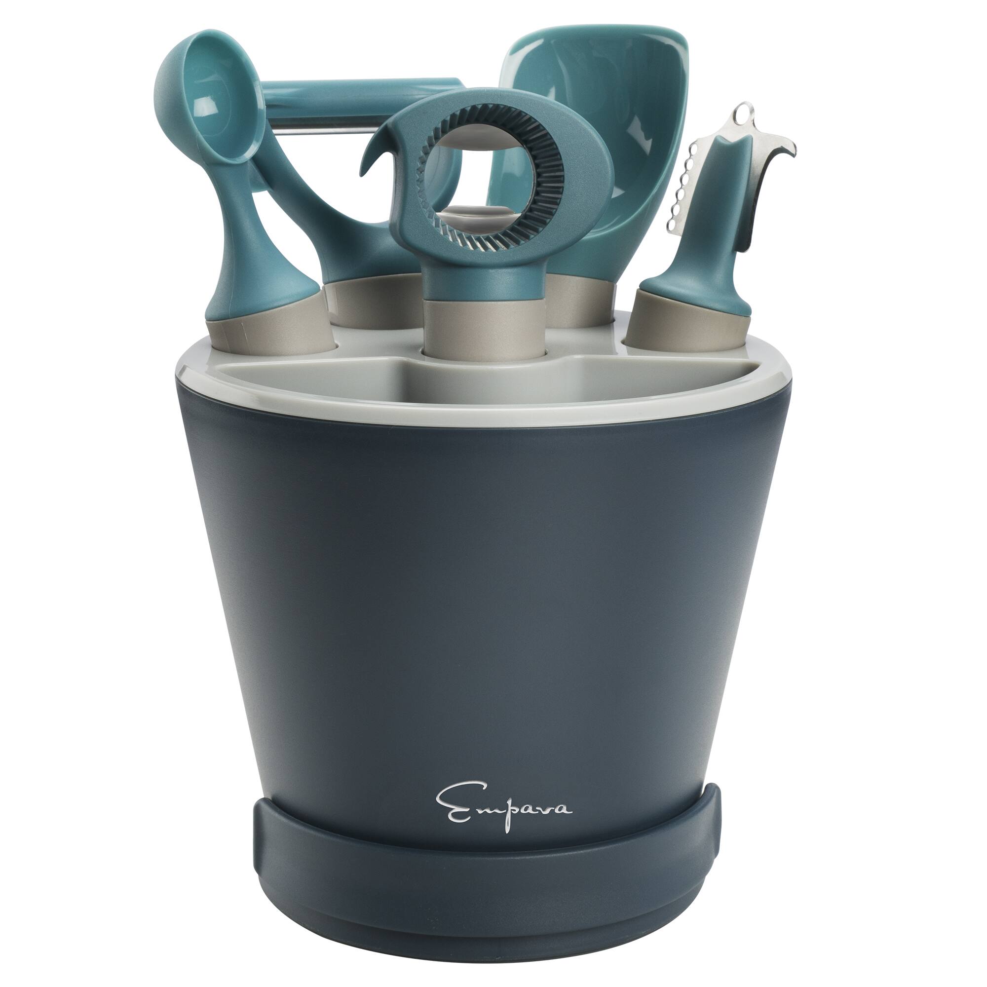 Angle. Empava - Crock Sets With 5 Pcs Kitchen Utensil - Herb Cutter,Melon Baller, Ice Cream Scoop, Y-Peeler, Lemon Zester, Bottle Opener - Colour.