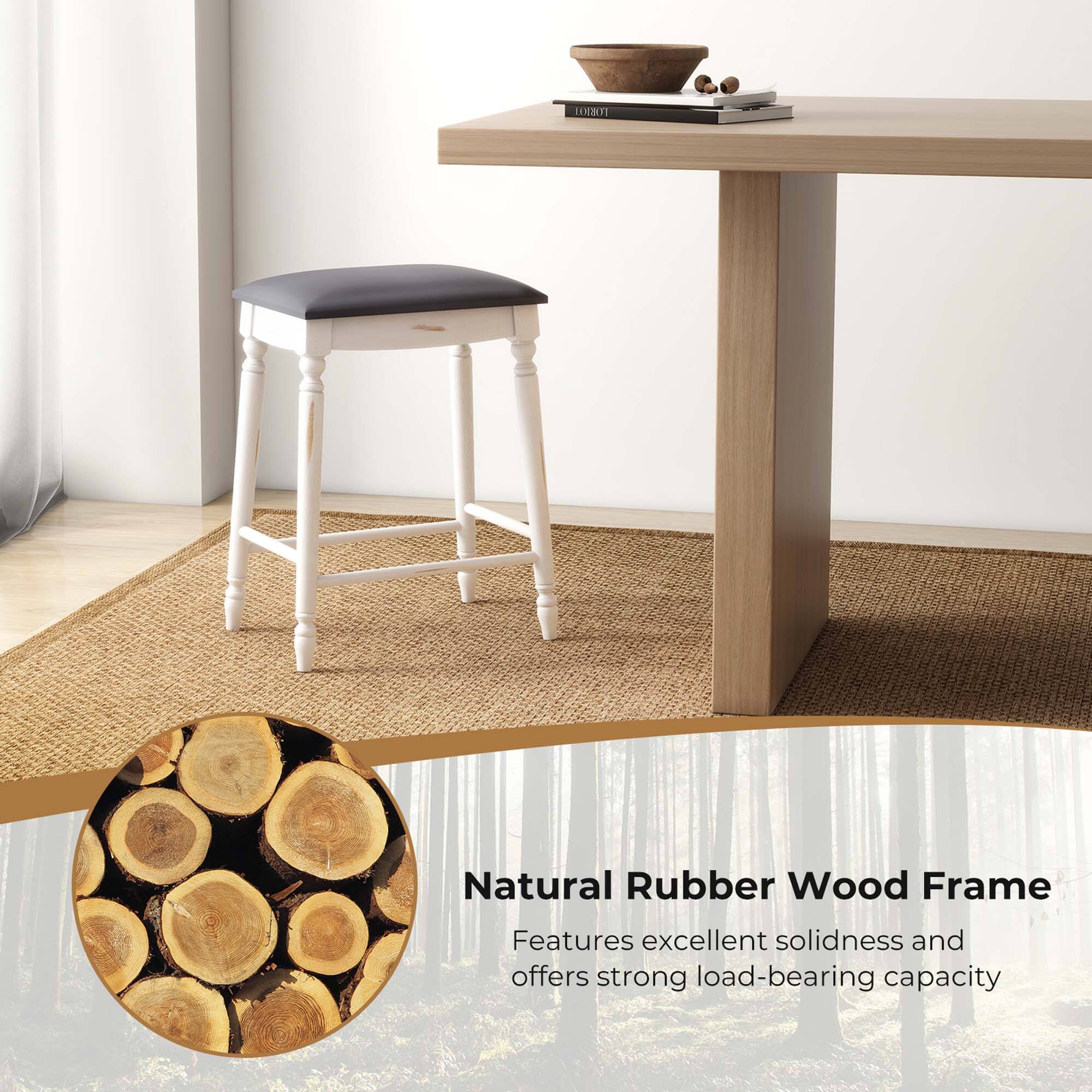 The text on the image reads: "Natural Rubber Wood Frame Features excellent solidness and offers strong load-bearing capacity."