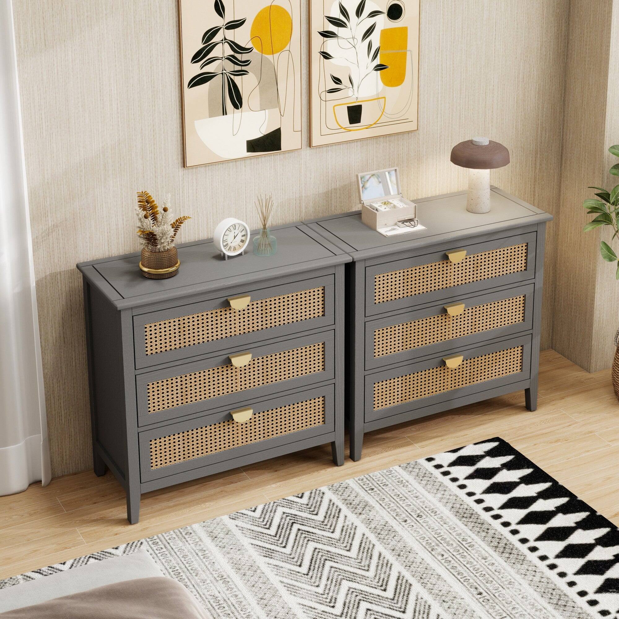 Alt View 6. Boyel Living - Gray 30 in. 3 Drawer Cabinet, Natural rattan Suitable for bedroom, living room, study - Gray.