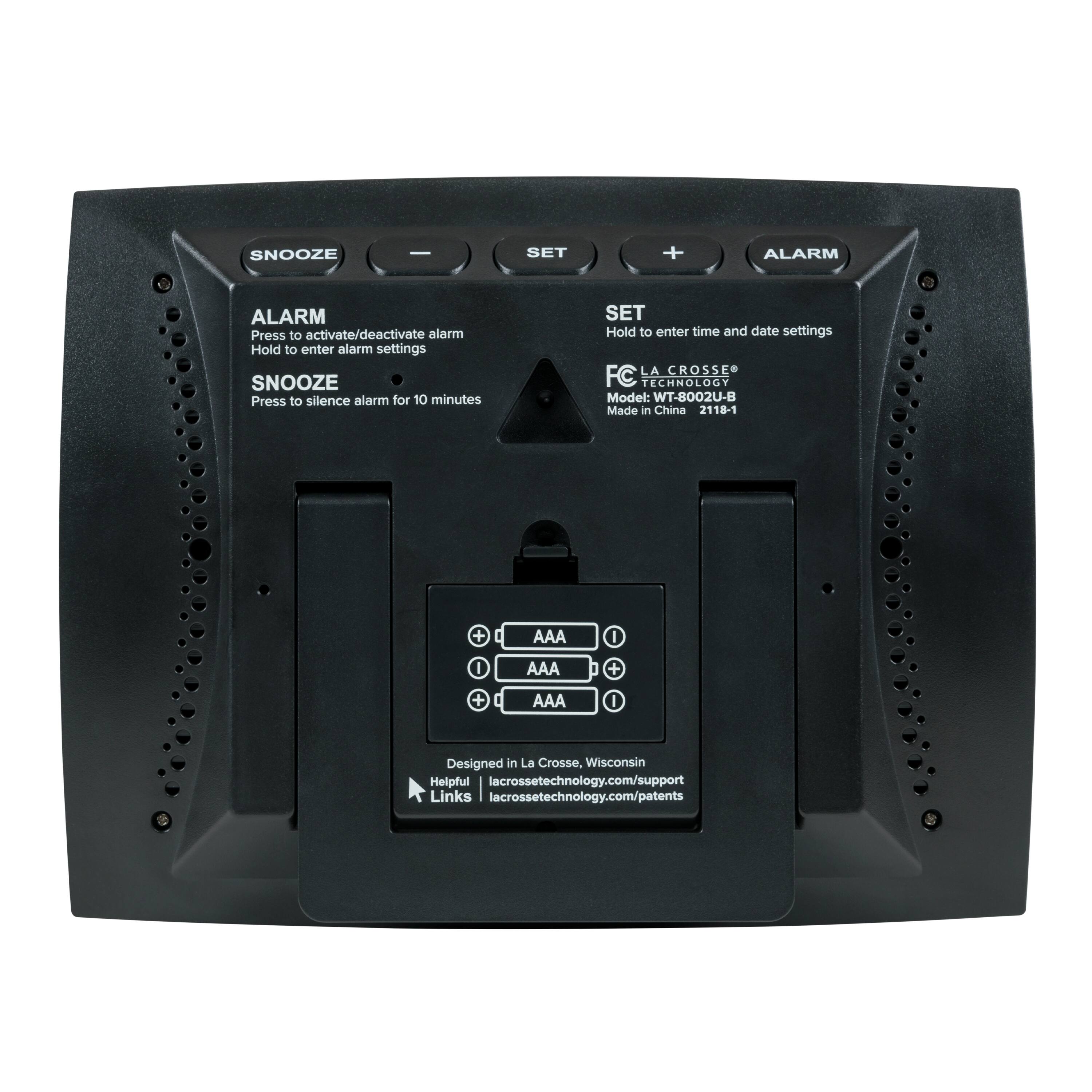 **SNOOZE**  
Press to silence alarm for 10 minutes

**ALARM**  
Press to activate/deactivate alarm  
Hold to enter alarm settings

**SET**  
Hold to enter time and date settings

---

**FC LA CROSSE TECHNOLOGY**  
Model: WT-8002U-B  
Made in China 2118-1

---

**Designed in La Crosse, Wisconsin**  
Helpful links: lacrossetechnology.com/support  
lacrossetechnology.com/patents

---

**Battery Compartment**  
AAA  
AAA  
AAA
