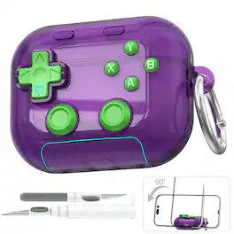 Dteck - For Apple Airpods 4th Gen Funny 3D Game Button Design Shockproof Secure Lock Case With Ring Keychain+Clean Pen - Purple