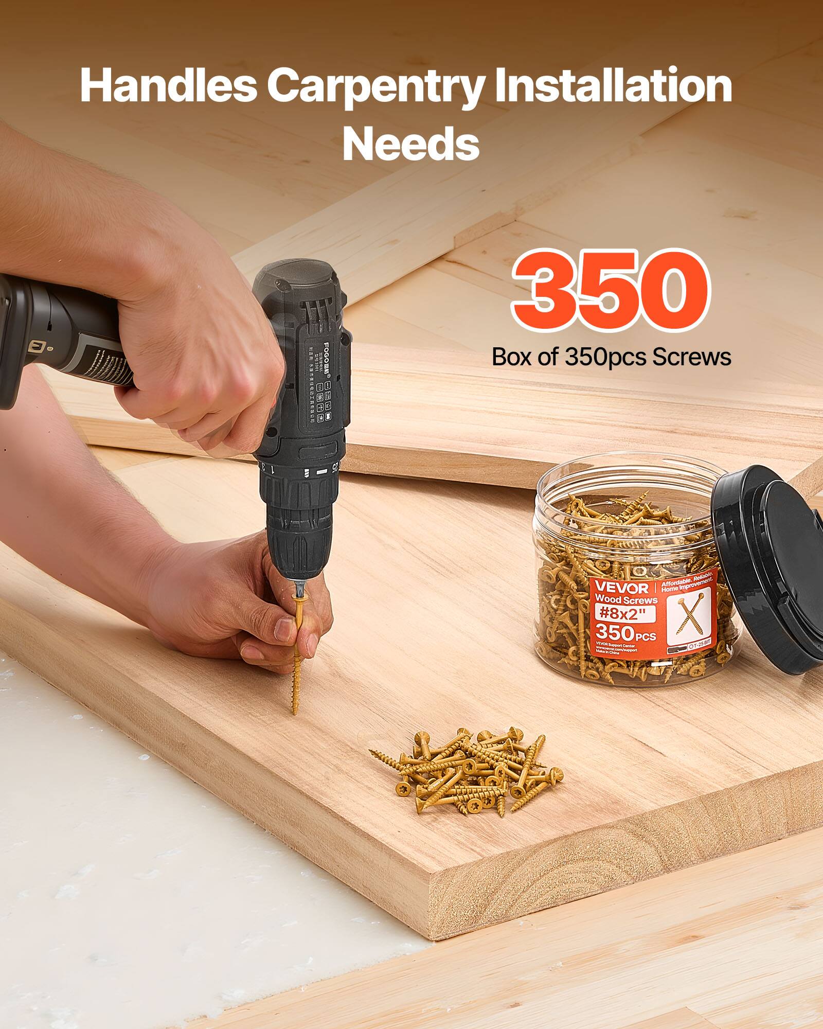 Handles Carpentry Installation Needs  
350 Box of 350pcs Screws - VEVOR  
Wood Screws #8x2"  
350 PCS