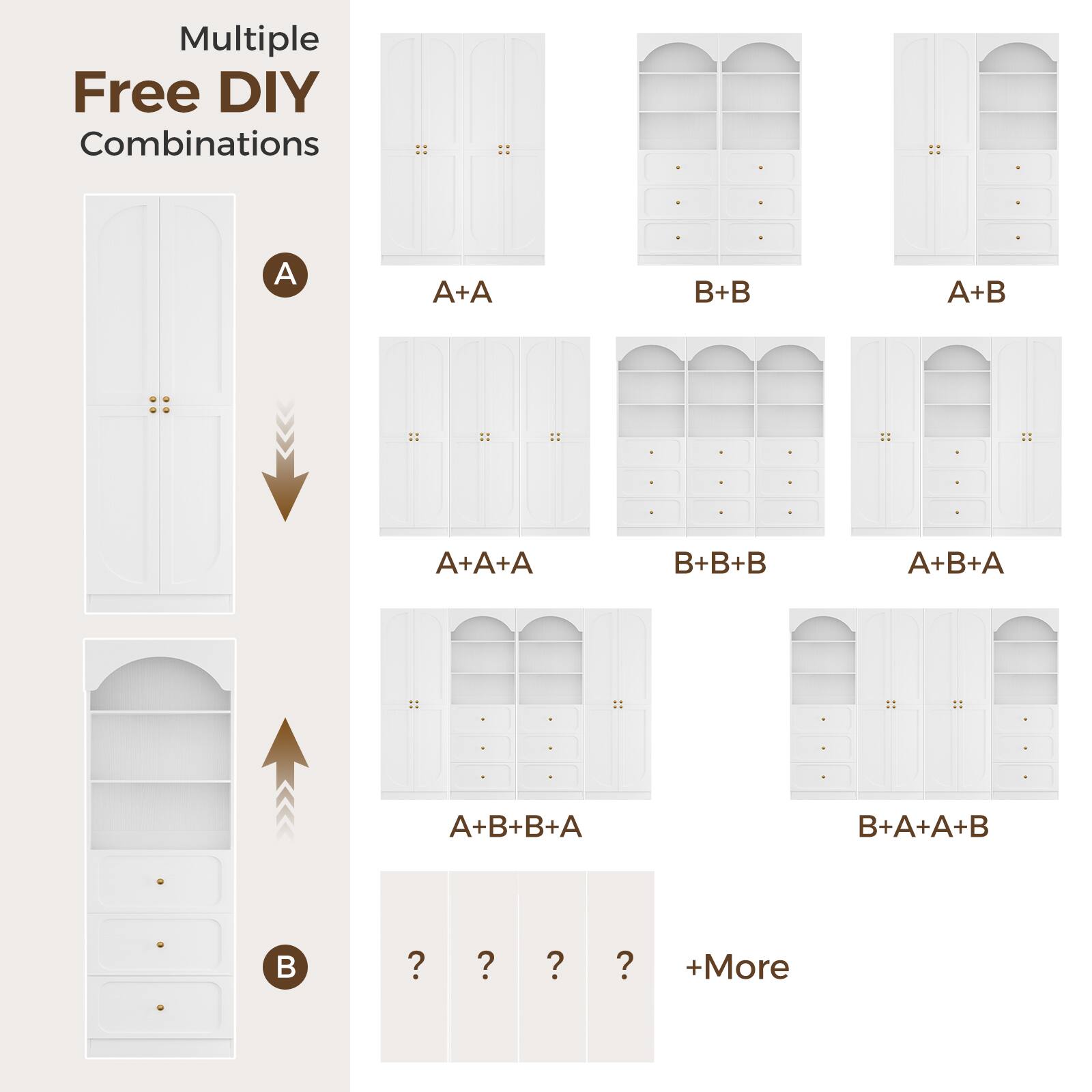 Multiple Free DIY Combinations

A
A+A
B+B
A+B
A+A+A
B+B+B
A+B+A
A+B+B+A
B+A+A+B

? ? ? ? +More