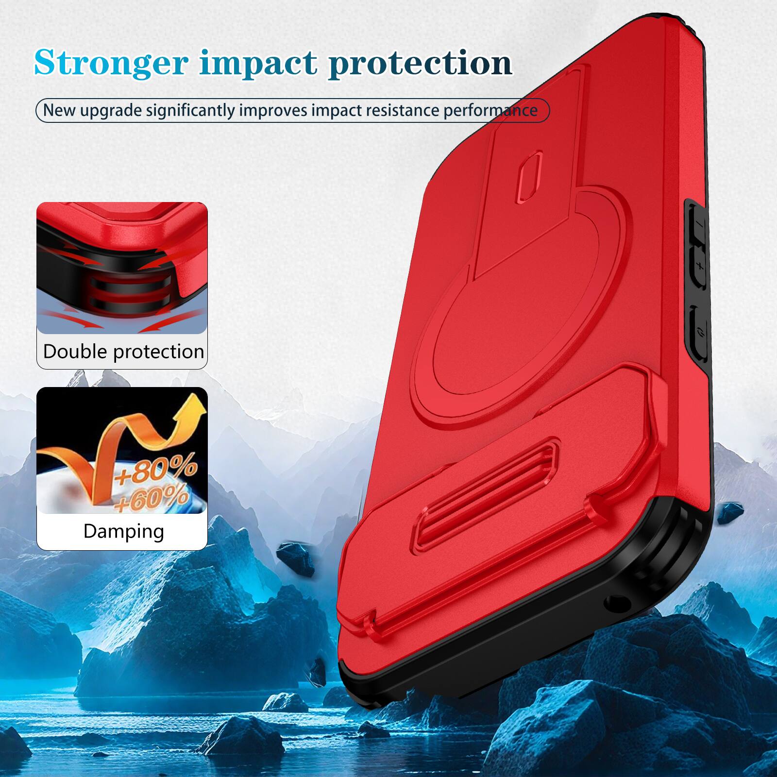Stronger impact protection  
New upgrade significantly improves impact resistance performance  
Double protection  
+80% +60% Damping