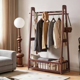 LUCKY ONE - Solid Wood Freestanding Clothing Garment Rack with Lockable Wheels - Walnut