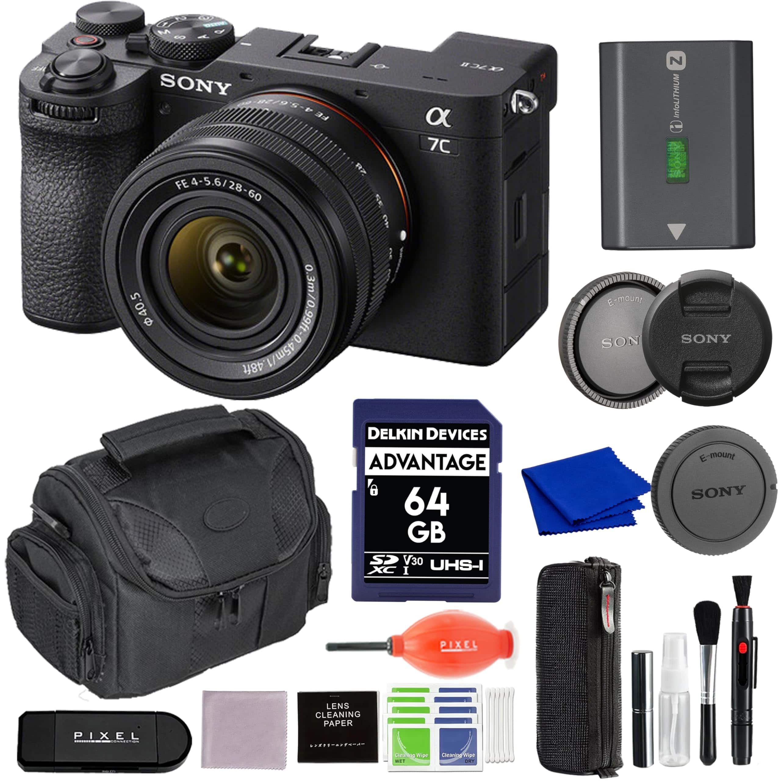 Sony - Alpha 7C II Full-Frame Camera with 28-60mm Lens (Black) Bundle with 64GB SD Card, Gadget Bag & More