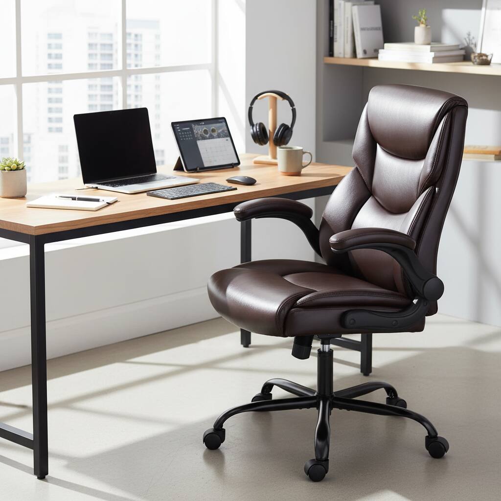 Alt View 6. AOITUN - Ergonomic Executive Computer Desk Chair BN - Brown PU Leather with Flip-Up Armrests - Brown.