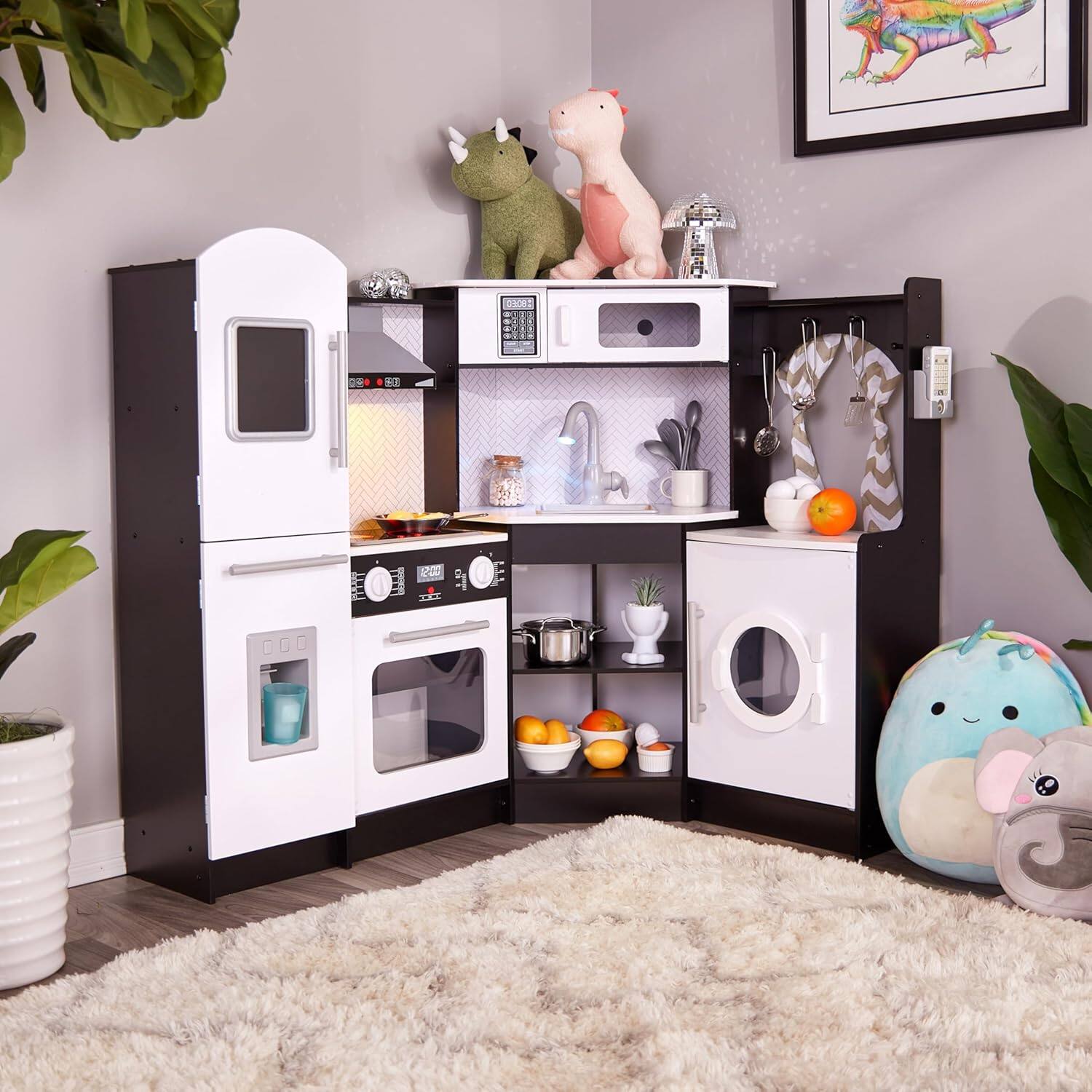 Alt View 8. Lil' Jumbl - Corner Kids Kitchen Playset, Pretend Kids Wooden Kitchen with Stovetop, Faucet & More - Black.