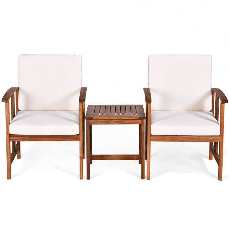 Front. SlickBlue - 3 Piece Solid Wood Patio Furniture Set, Outdoor Sofa with Cushions - White.