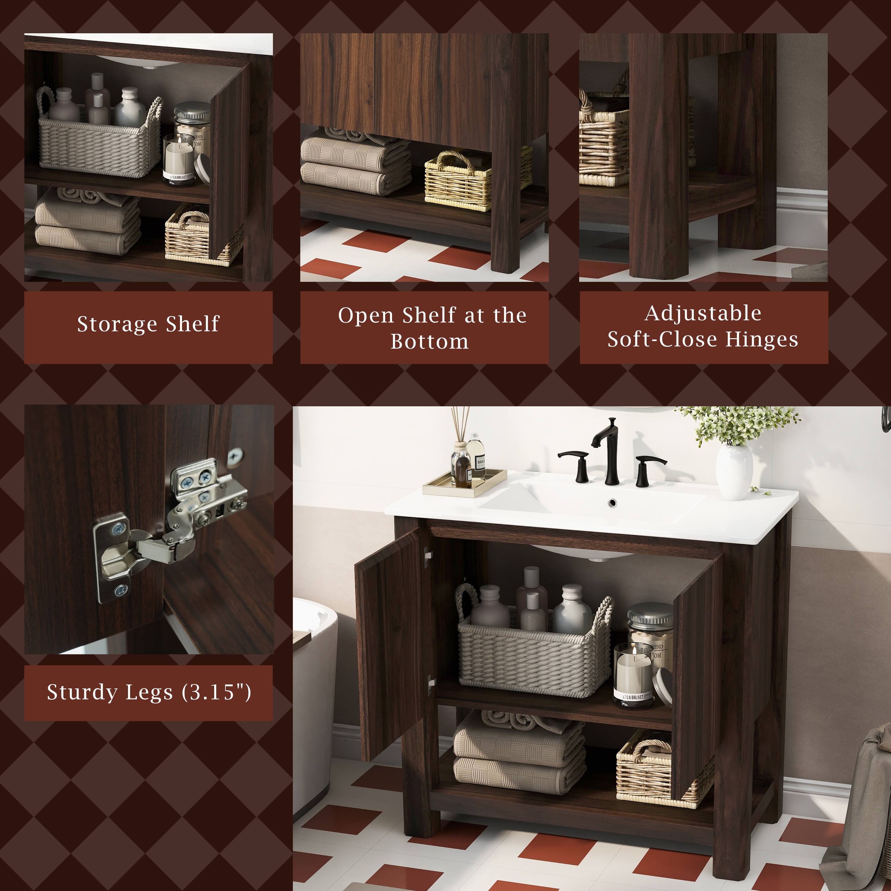 - Storage Shelf
- Open Shelf at the Bottom
- Adjustable Soft-Close Hinges
- Sturdy Legs (3.15")