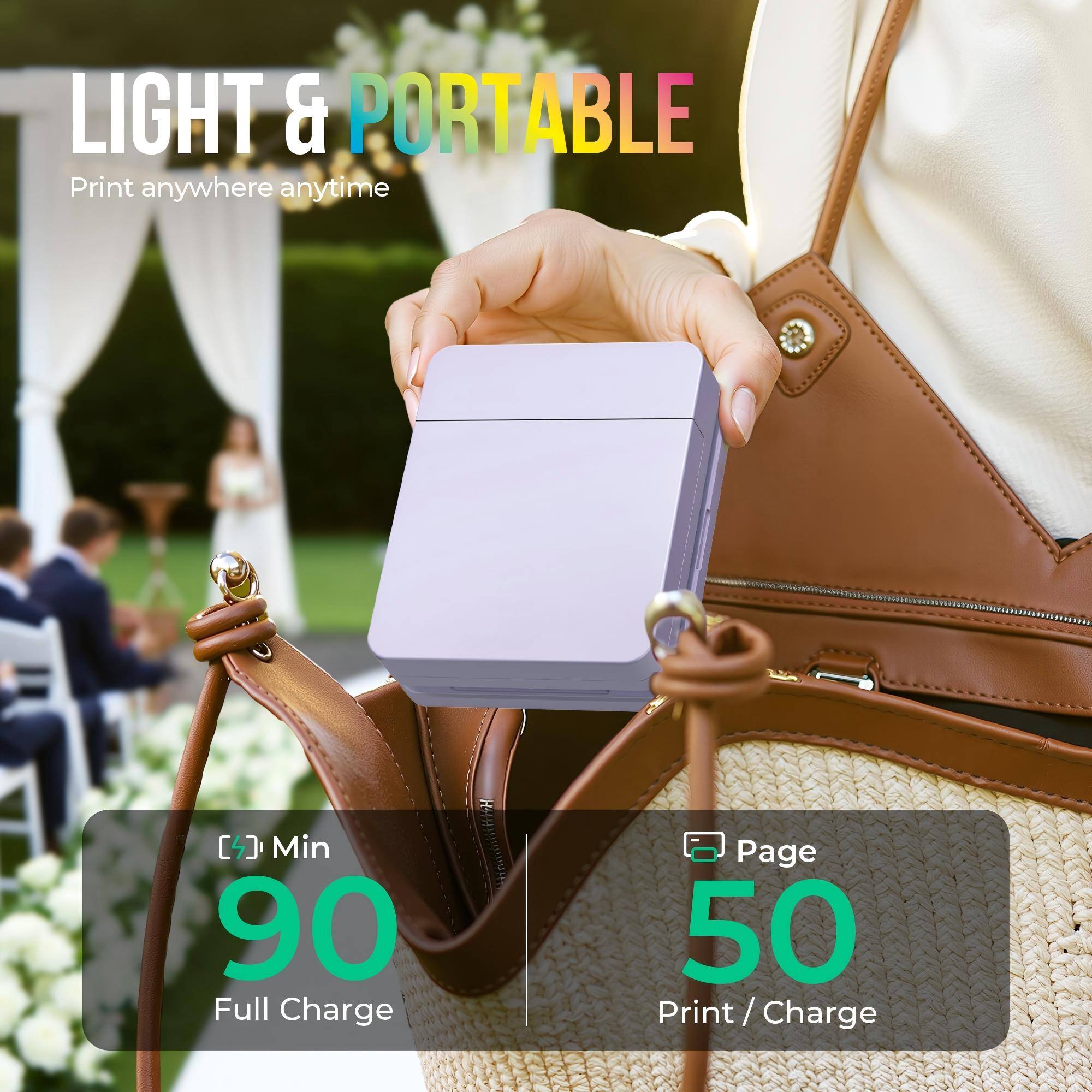 LIGHT & PORTABLE  
Print anywhere anytime  

[4] Min 90 Full Charge  
Page 50 Print / Charge