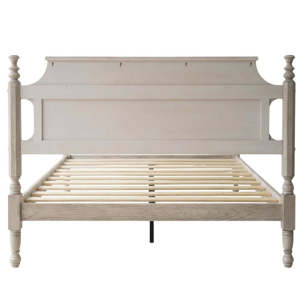 Back. FurniFact - Solid Wood Platform Bed with Headboard - Driftwood Gray Oak.