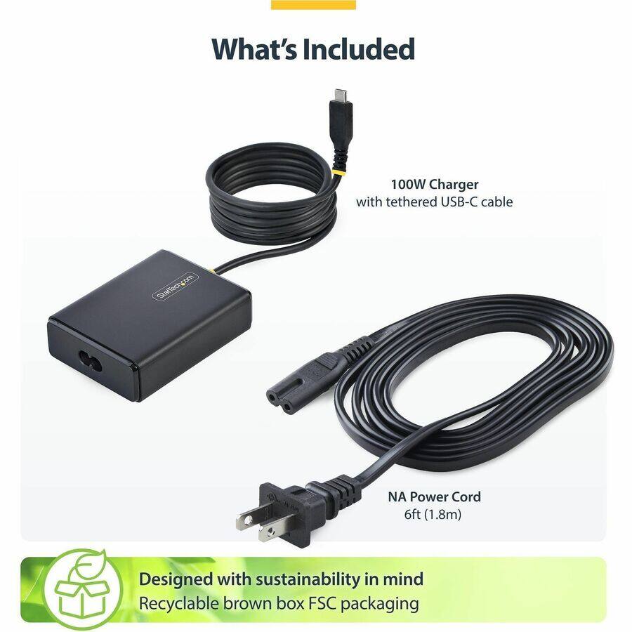 What's Included
- 100W Charger with tethered USB-C cable
- NA Power Cord 6ft (1.8m)
- Designed with sustainability in mind: Recyclable brown box FSC packaging