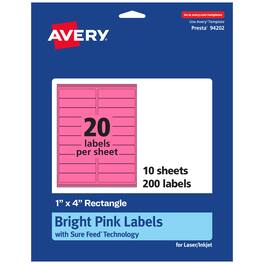 Avery - Printable Rectangle Labels, Bright 1" x 4", 200ct - Pink