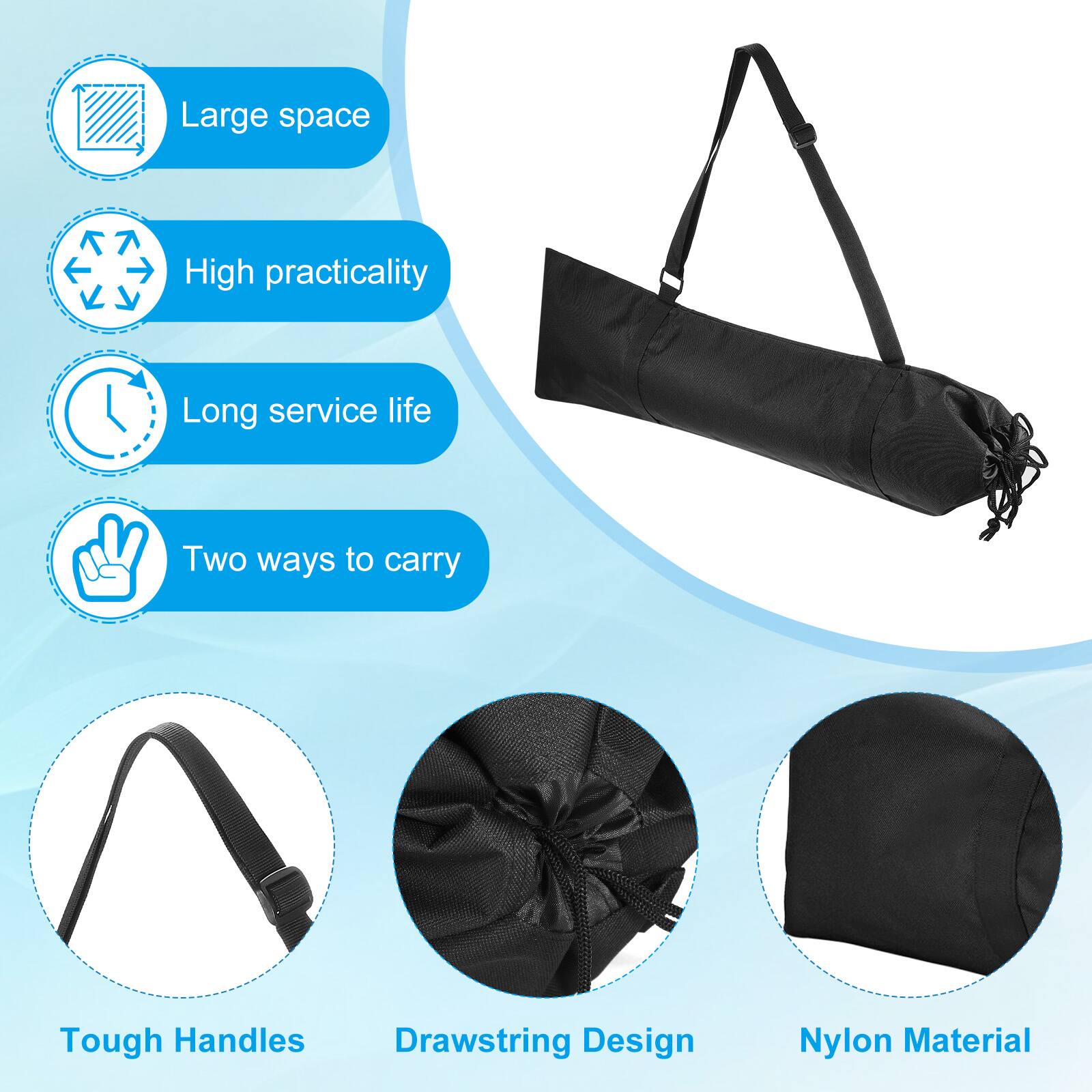 - Large space
- High practicality
- Long service life
- Two ways to carry
- Tough Handles
- Drawstring Design
- Nylon Material