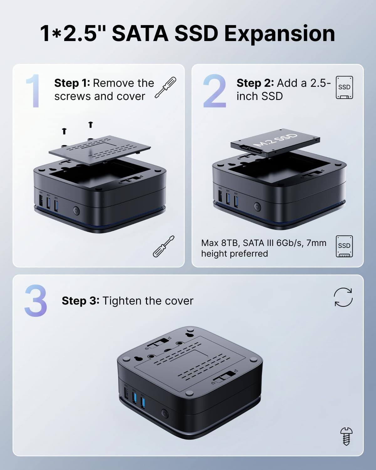 1*2.5" SATA SSD Expansion

Step 1: Remove the screws and cover

Step 2: Add a 2.5-inch SSD
Max 8TB, SATA III 6Gb/s, 7mm height preferred

Step 3: Tighten the cover