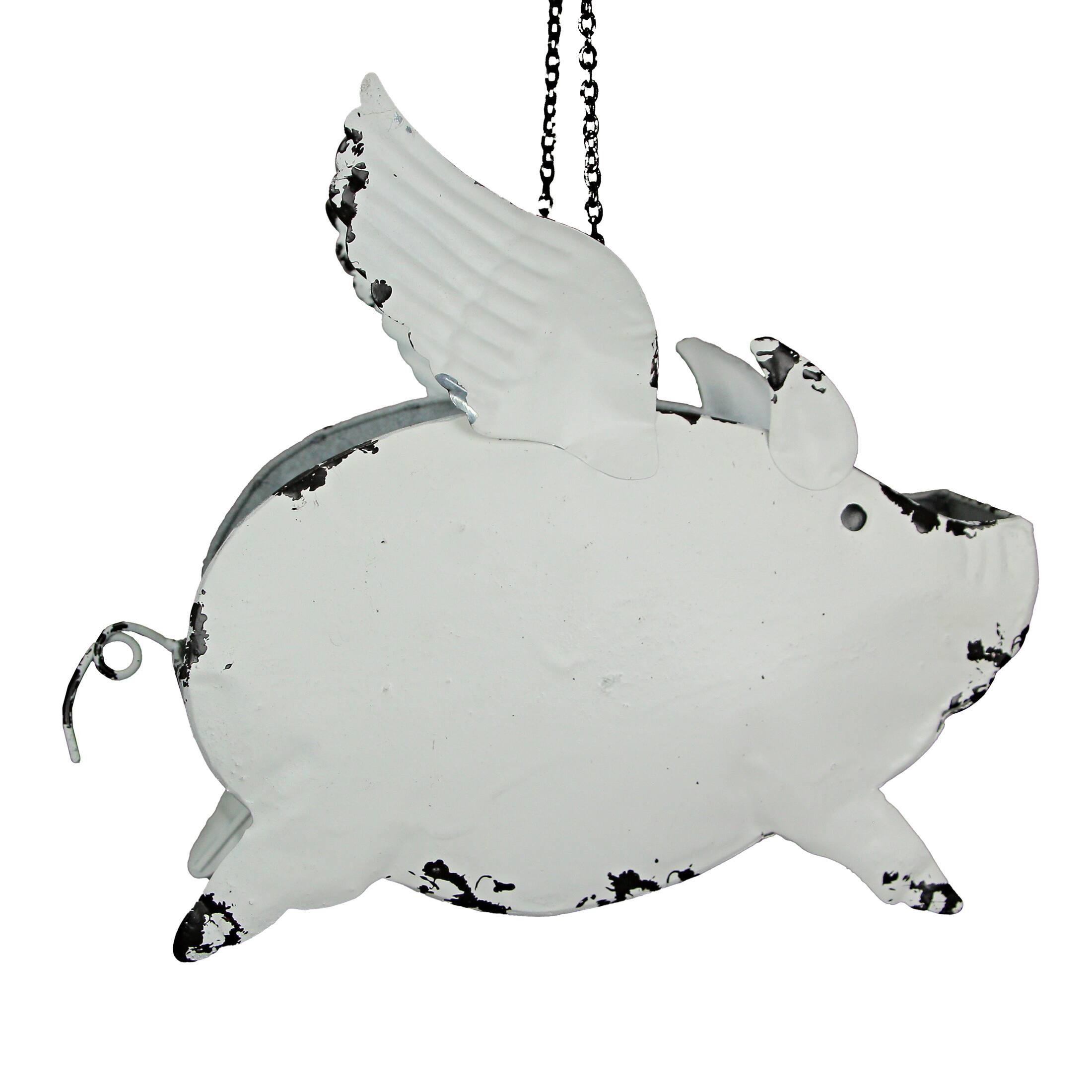 Alt View 2. Zeckos - Metal Distressed White Flying Pig Hanging Planter Set Large & Small Flower Pots - White.