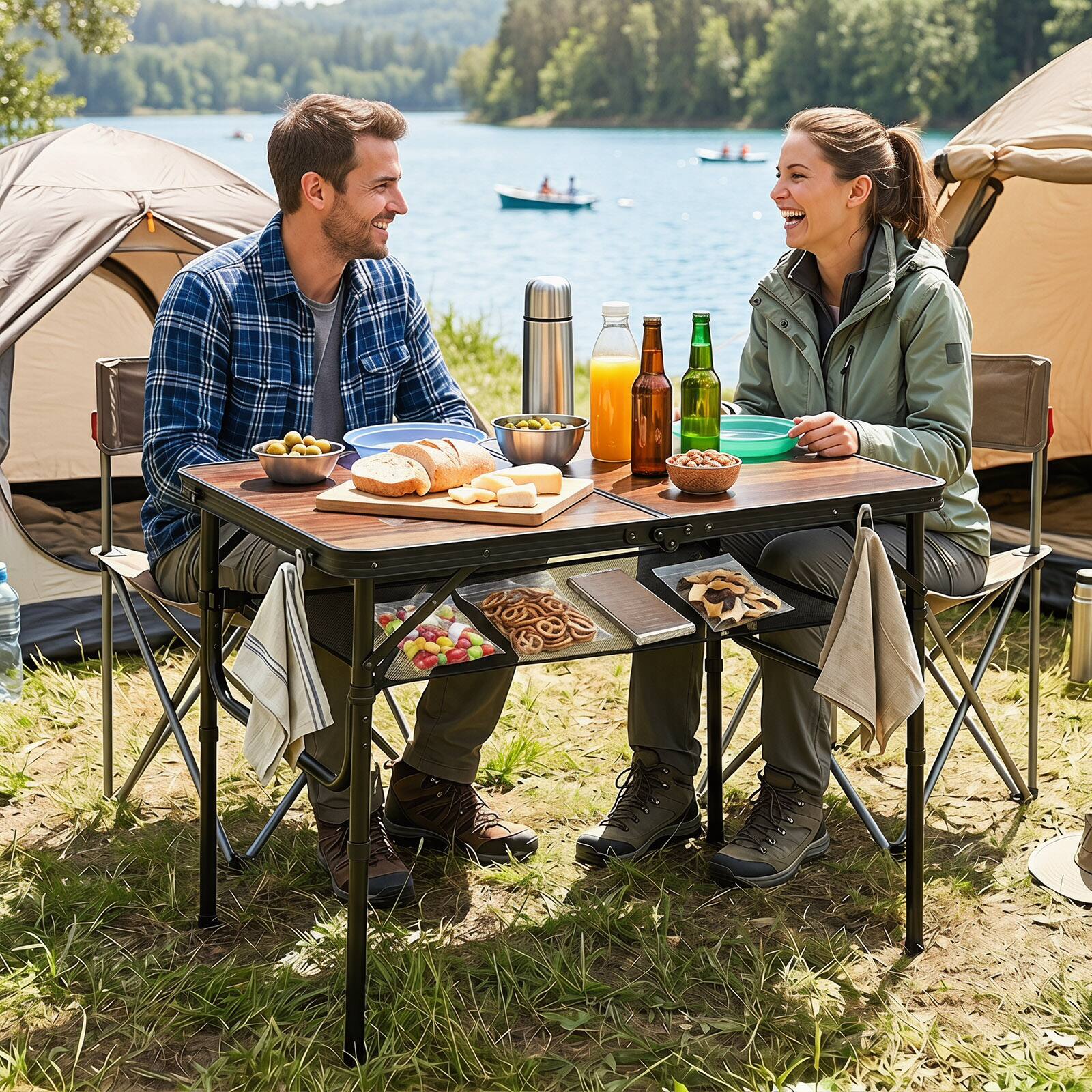 Alt View 7. Gymax - Gymax 3 FT Folding Camping Table w/Adjustable Heights Storage Net & Carry Handle - Brown.
