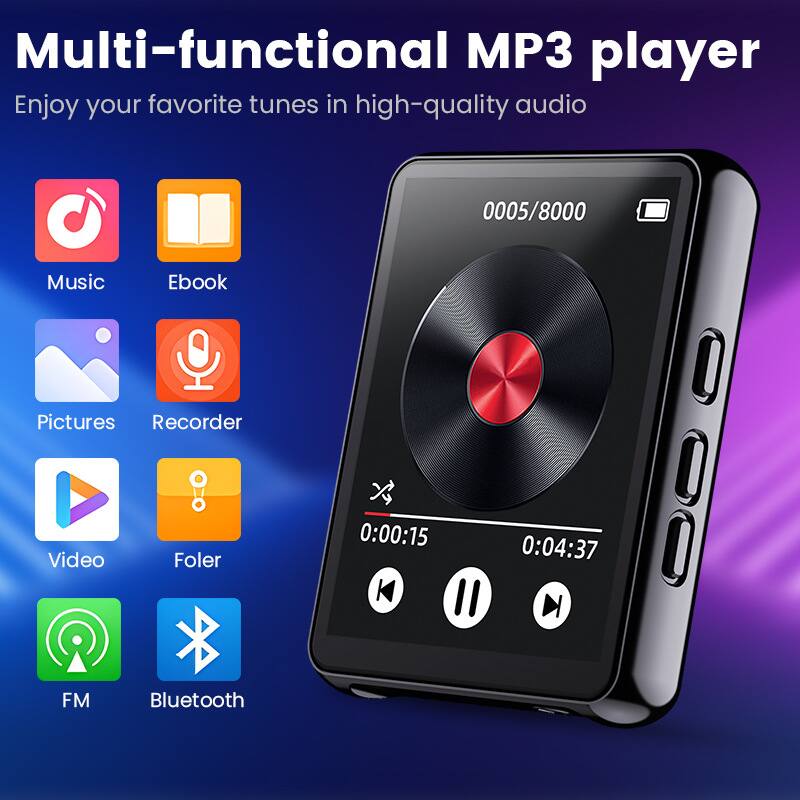 Multi-functional MP3 player  
Enjoy your favorite tunes in high-quality audio  

- Music  
- Ebook  
- Pictures  
- Recorder  
- Video  
- Folder  
- FM  
- Bluetooth  

0005/8000  
0:00:15 / 0:04:37