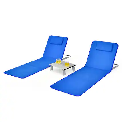 Front. Gymax - Gymax 3PCS Folding Beach Mat Set Adjustable Beach Lounge Chair & Side Table Set Blue - Blue.