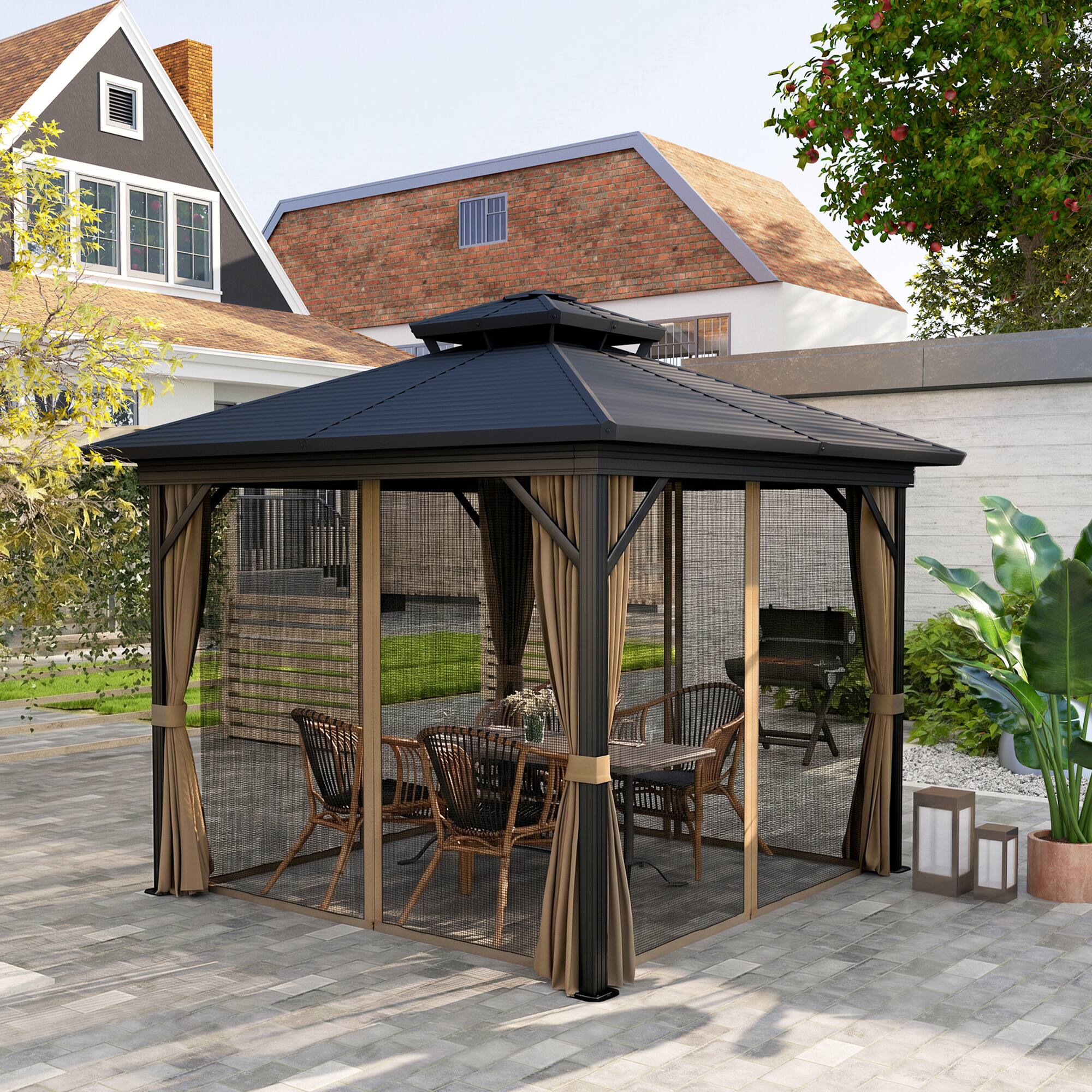 Alt View 1. Outsunny - x 10' Hardtop Gazebo with Aluminum Frame, Metal Roof Gazebo Canopy w/ Hook, Curtains included - Brown.