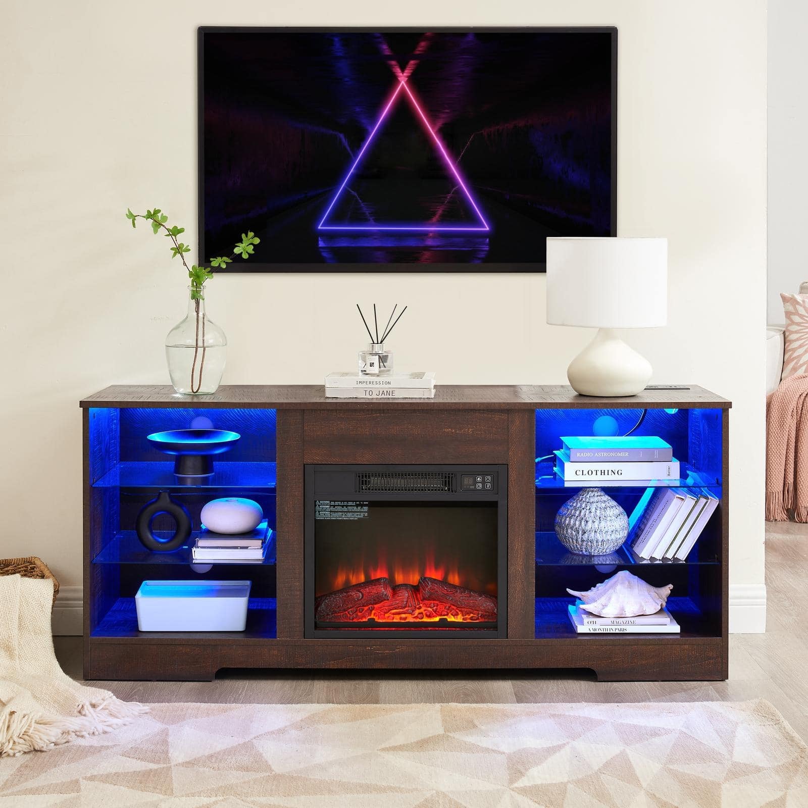 Spaco - Electric Fireplace TV Stand for 62 Inch TVs, 3D LED Flame, Glass Shelves, USB Charging Outlet, for Living Room - Espresso
