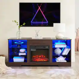 Spaco - Electric Fireplace TV Stand for 62 Inch TVs, 3D LED Flame, Glass Shelves, USB Charging Outlet, for Living Room - Espresso