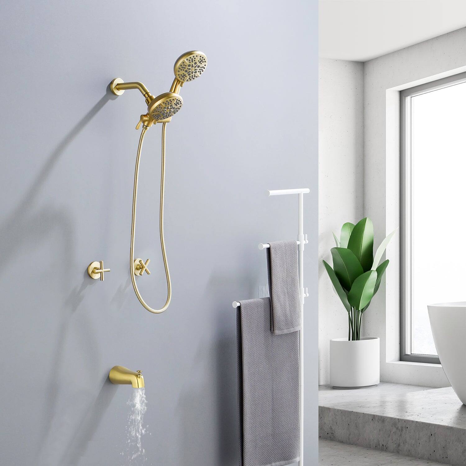 Alt View 3. Boyel Living - Brushed Gold Shower Set with 7 Function Dual Shower Heads and Tub Spout - Brushed Gold.