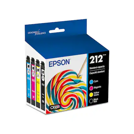 Designed for excellence, Epson 212 Standard-capacity cartridges are available in Cyan, Magenta, Yellow, and Black.