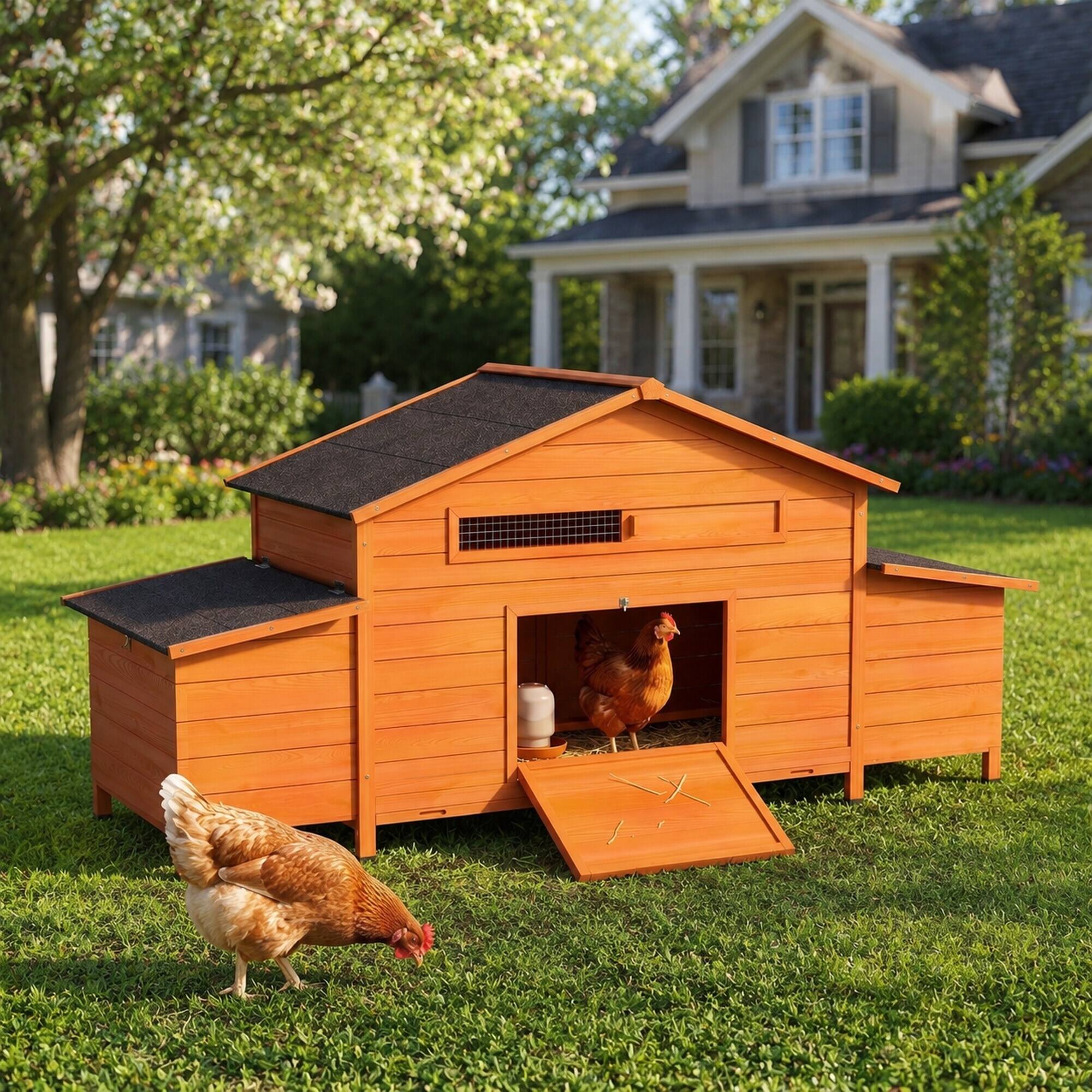 Left. RYHNUYNE - 70 in Wooden Chicken Coop, Solid Wood Hen House, 2 Nesting Boxes, Waterproof Roof, 2 Doors.