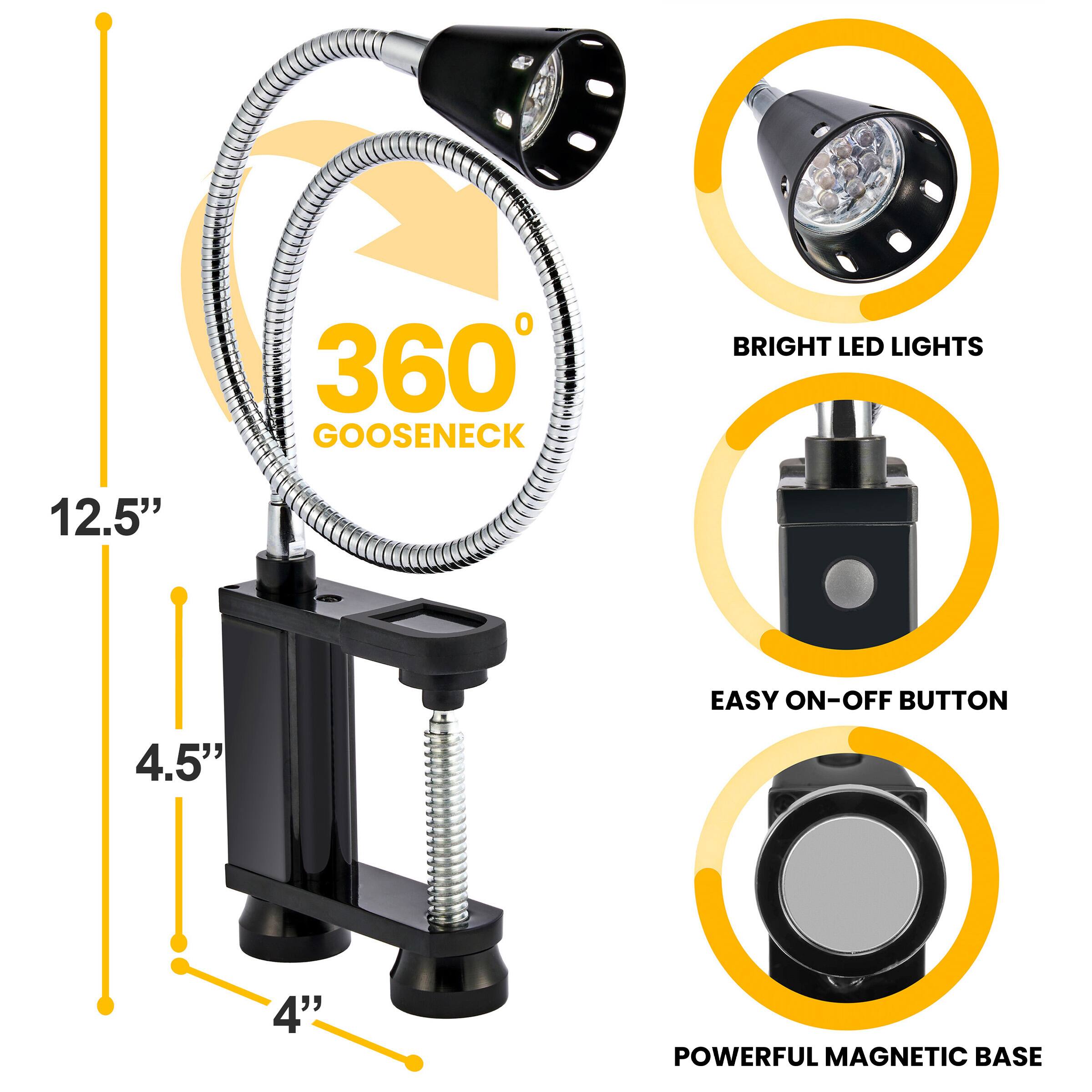 360° GOOSENECK  
BRIGHT LED LIGHTS  
12.5"  
EASY ON-OFF BUTTON  
4.5"  
POWERFUL MAGNETIC BASE