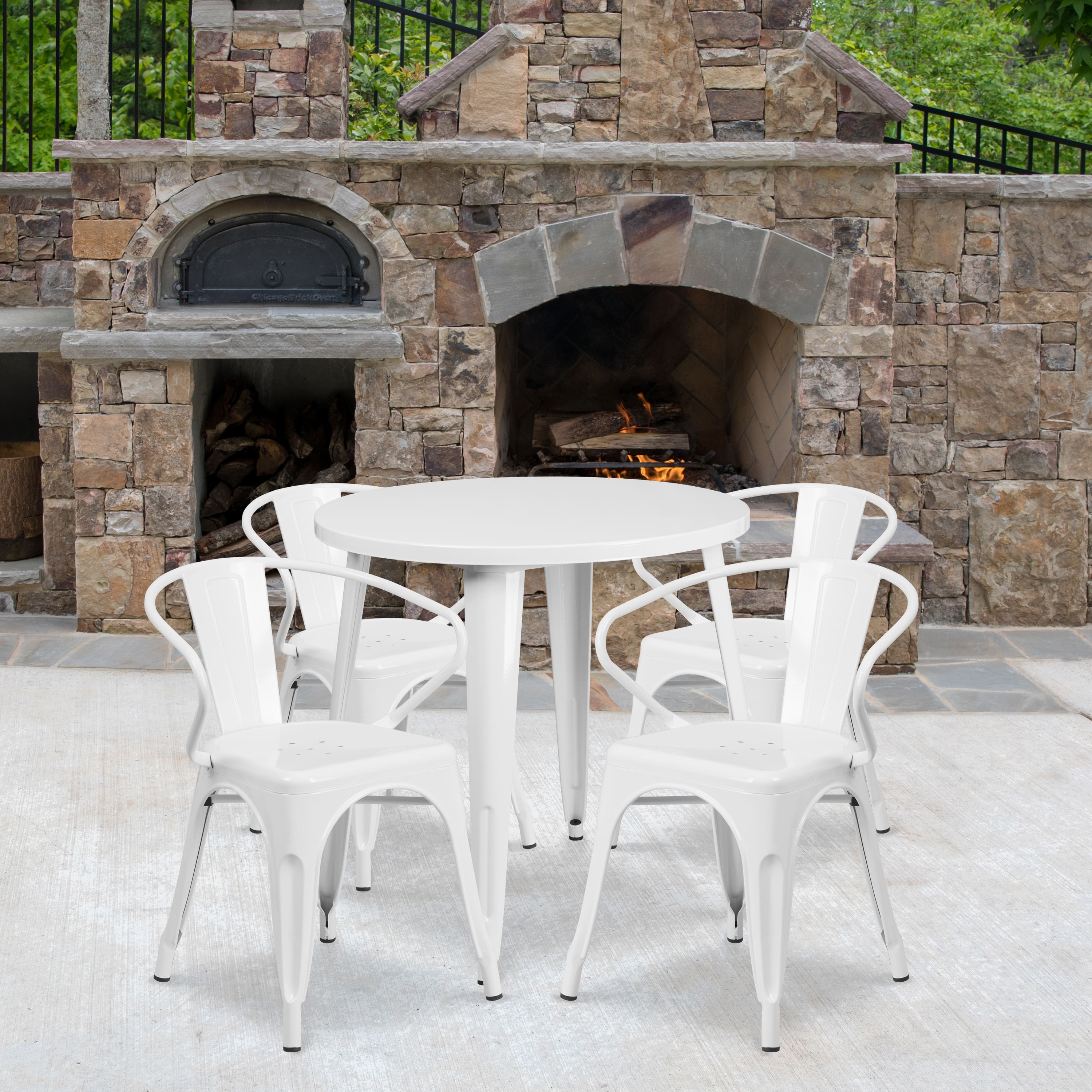 Emma + Oliver - Commercial Grade 30" Round Metal Indoor-Outdoor Table Set with 4 Arm Chairs - White
