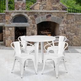 Emma + Oliver - Commercial Grade 30" Round Metal Indoor-Outdoor Table Set with 4 Arm Chairs - White