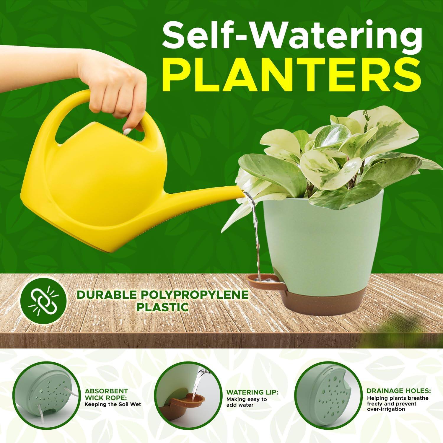 Self-Watering Planters

- Durable Polypropylene Plastic
- Absorbent Wick Rope: Keeping the Soil Wet
- Watering Lip: Making it easy to add water
- Drainage Holes: Helping plants breathe freely and prevent over-irrigation