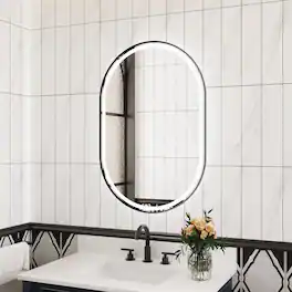 WELLFOR - 24 in x 36 in Oval Framed LED Bathroom Vanity Mirror with Anti-Fog, Wall-Mounted Mirror with Front and Backlit LED - Matte Black