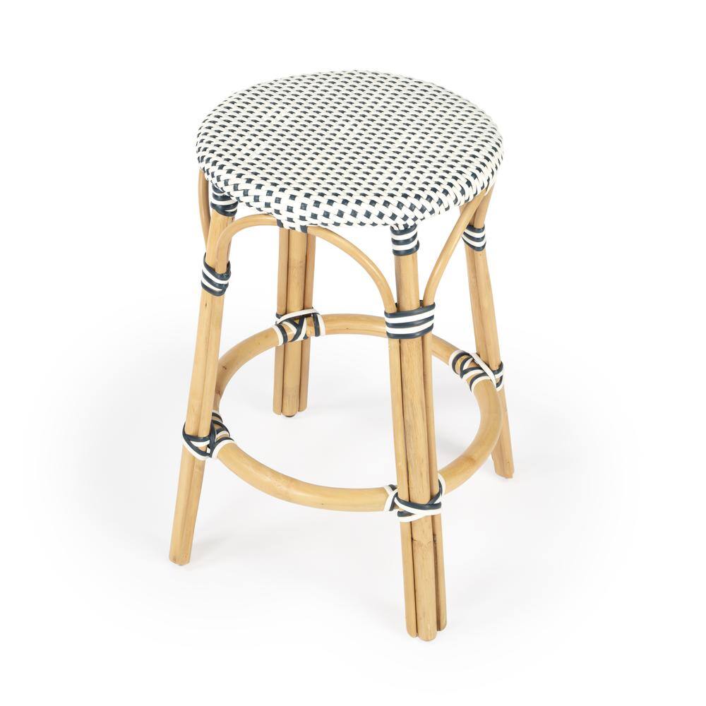 Alt View 4. Butler Specialty - Tobias Rattan Round 24" Counter Stool - White And Navy Dot.