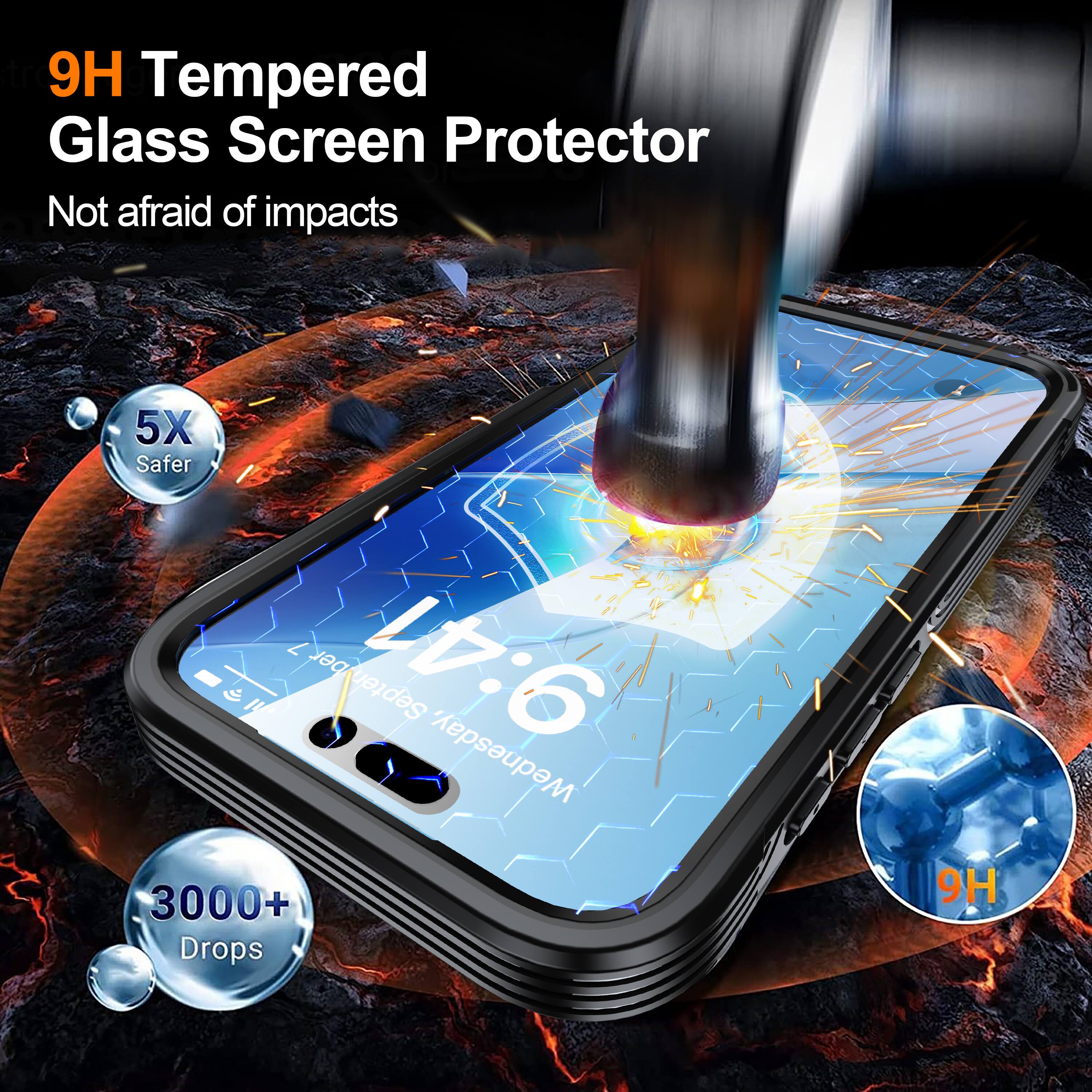 9H Tempered Glass Screen Protector  
Not afraid of impacts  

5X Safer  

3000+ Drops  

9H
